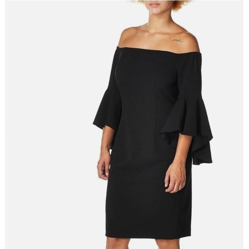 Calvin Klein Women's Size 12 Off Shoulder Sheath Dress Black Bell Sleeves Knee
